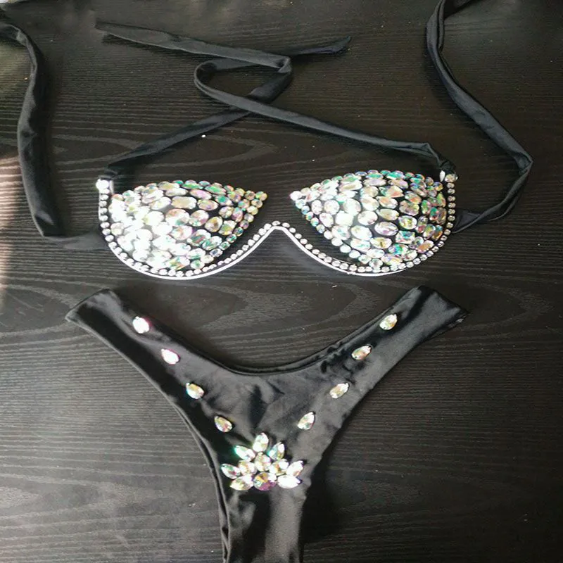 Shiny Crystal Rhinestones Bathing Suits Bandage Hollow Out Padded Sexy Tight Bikini Set Summer Beach Pool Women Swimming Suits