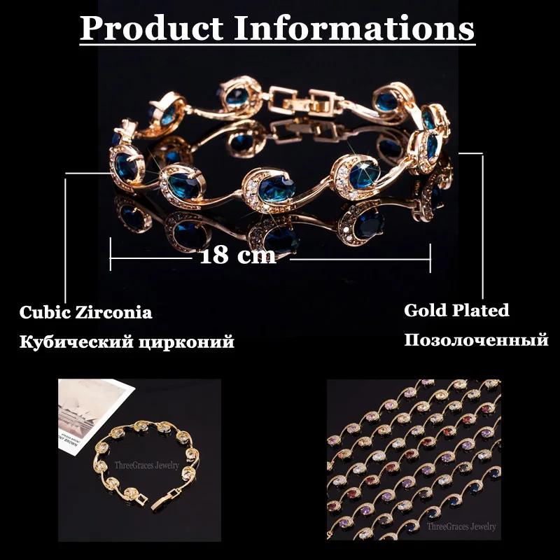 ThreeGraces новые модные женские аксессуары золотого цвета женские темно-синие Кристальные браслеты-Цепочки Браслеты с циркониевым камнем BR064
