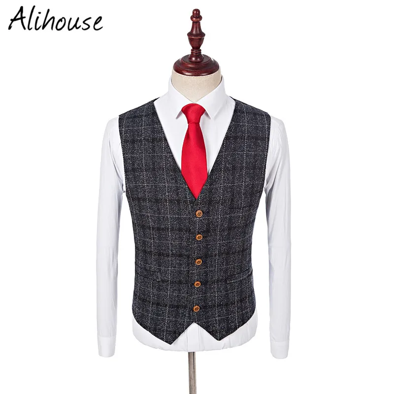 Черный Твид жениха Смокинги для женихов Для мужчин заказ плед Нарядные Костюмы