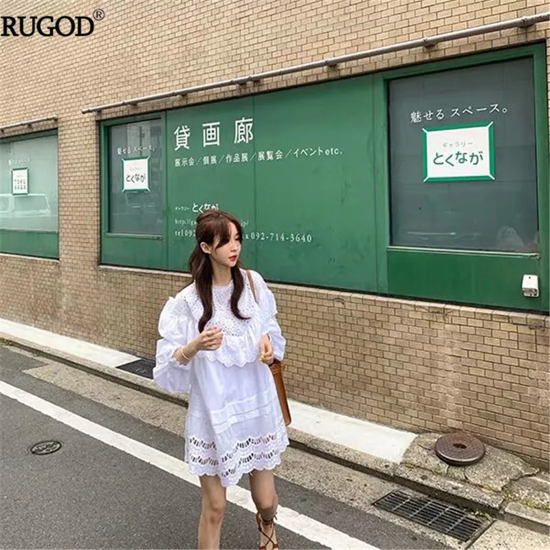 Элегантное белое кружевное платье RUGOD женское корейское модное ажурное мини с
