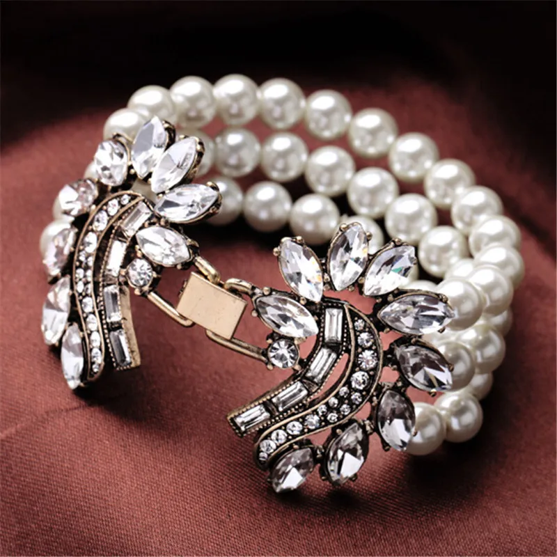 Женский винтажный Шарм браслет с искусственным жемчугом украшенный кристаллами
