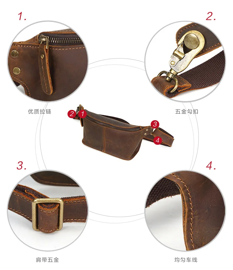 Crazy Horse Real Leather Genuine Cowhide Men's Waist Bag Patchwork Hip Blet Pack Treval Messenger Bum Bag For Man