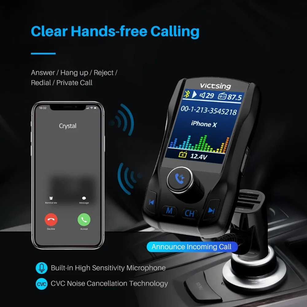 VicTsing FM передатчик беспроводная Bluetooth гарнитура Хэндс фри, 1,8 ЖК-экран 5V 2.1A 3 порта USB зарядное устройство Bluetooth радио передатчик адаптер