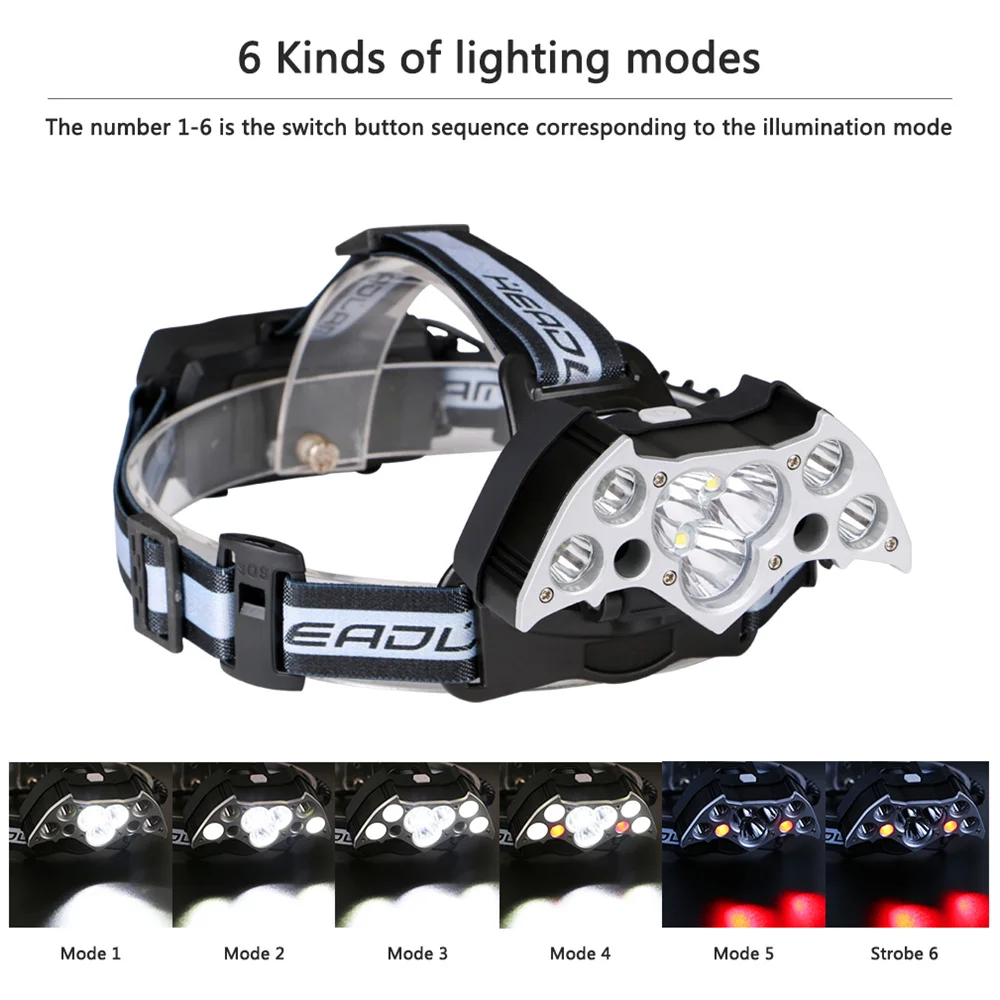 LED Headlight Flashlight bat Glare Lighting 9 high Power T6 Lithium Battery USB Charging Outdoor Night Fishing Lights | Лампы и