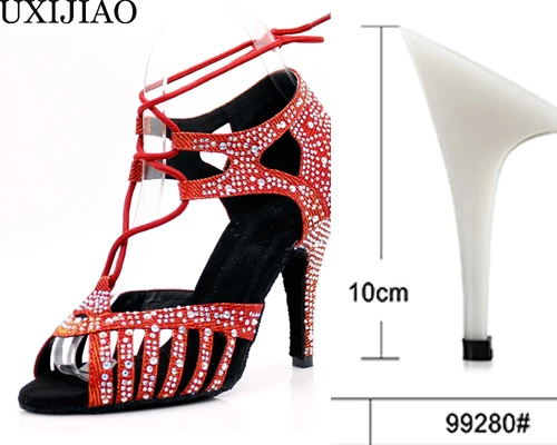 Red heel 10cm Wuxijiaonew красный и золотистый; Flash ткань Сальса Обувь для танцев мягкая подошва Латинской кизомба Танго бальных Обувь для танцев на высоком каблуке 6/7. 5/8. 5/10 см - Цвет: Red heel 10cm