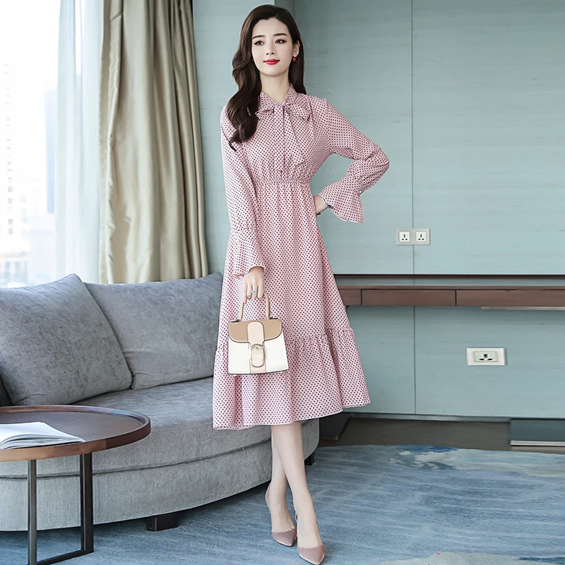 2019 новая весенняя модная женская одежда в горошек с бантом платье