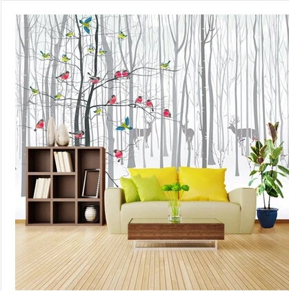 Настенные 3D обои для гостиной фотообои с изображением птиц деревьев черного и