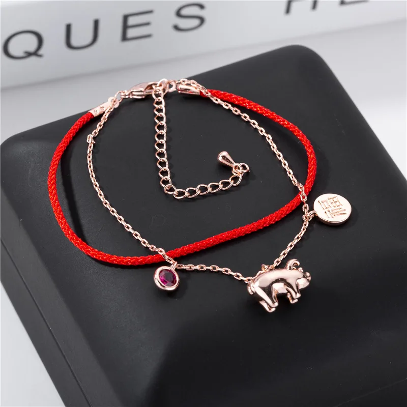 

2019 2 layers Chinese FU Pig Zodiac Red Rope Charm Bracelet , Titanium Steel Rose gold color Cute piggy Fortune Hand Jewelry