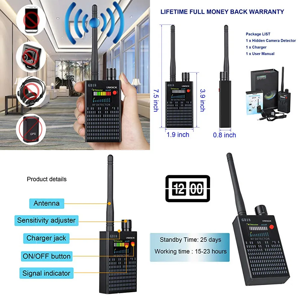 G318 1MHz-8000MHz Radio Detection Anti Spy Signal Camera GSM Audio Bug Finder 4G GPS Signals Lens RF Tracker Detectors