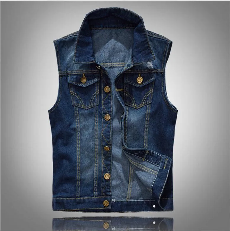 M/5Xl мужские потертые джинсовые жилеты винтажные ковбойские рваные куртки без