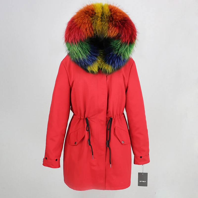 red multi OFTBUY пальто с натуральным мехом, зимняя куртка, Женская длинная парка, воротник из натурального меха, капюшон, Толстая теплая водонепроницаемая верхняя одежда, отстегивается, Новинка - Цвет: red multi