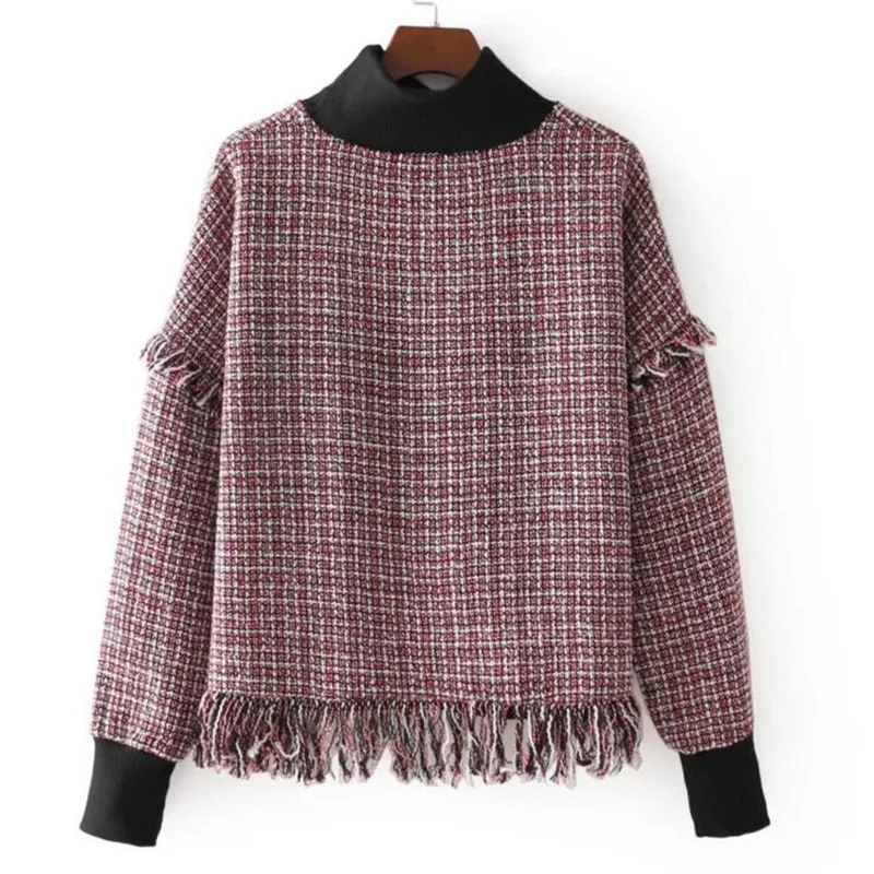 2017 England Patchwork Plaid Knitted Woolen Turtleneck Pullover Sweater Women Full Sleeve Autumn Tassel Jumper Female L1913 | Женская