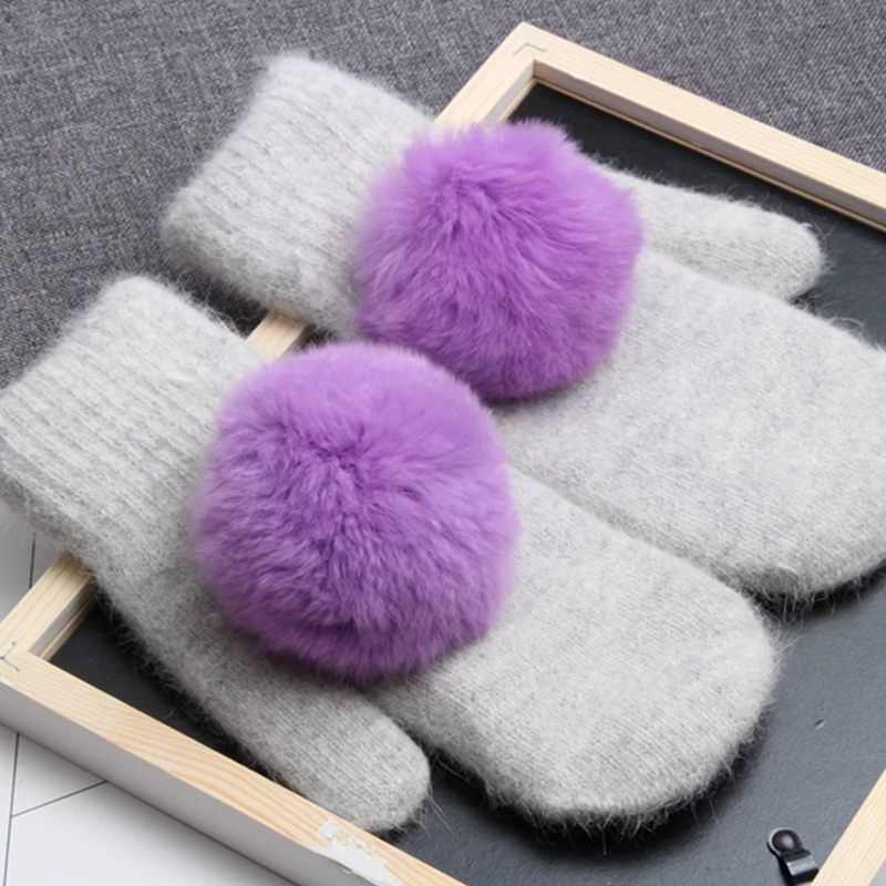 Зимние женские перчатки мягкие теплые варежки из кроличьего меха модные милые