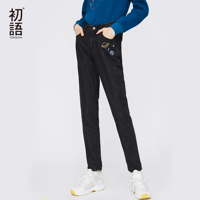 Toyouth черный с вышивкой повседневные джинсы Женщины корейские джинсы Boyfriend Denim Женский Жан зима Mujer Pantalon хлопковые брюки - Цвет: Black