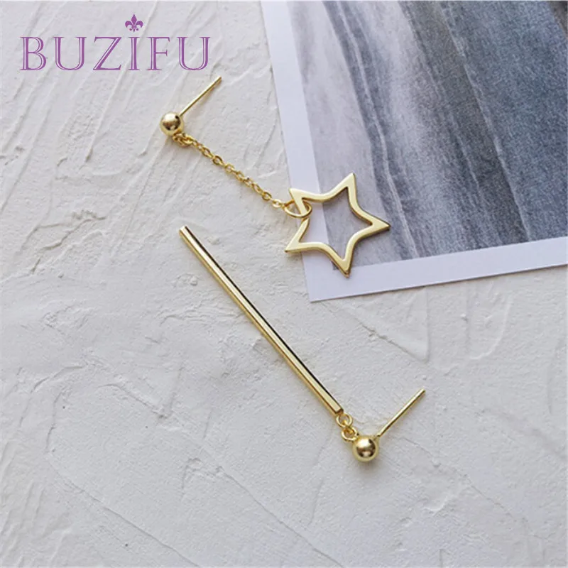 BUZIFU Новый Геометрия асимметрия 925 Silver Star Металл кисточкой серьги для Для женщин