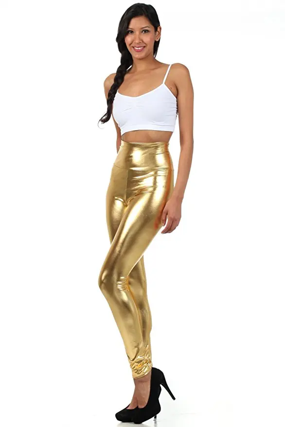 ICOSTUMES Women Sexy Elastic High Waisted Pants Thin Leather Gold Leggings Skinny Shiny Metalic leggings
