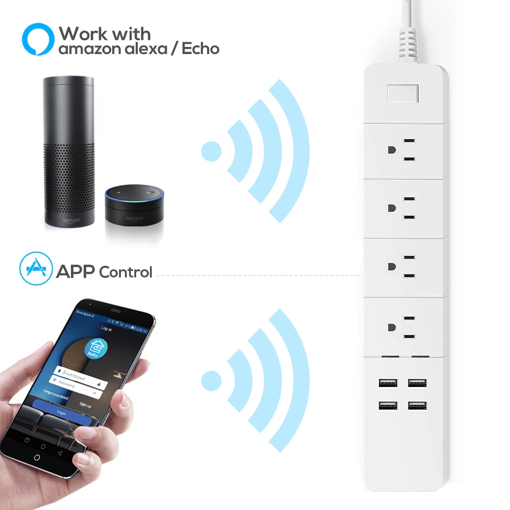 WiFi Smart power Strip, с 4 usb-портами для зарядки и 4 смарт-штекерами переменного тока для много точек работает с Amazon Echo& Google Home