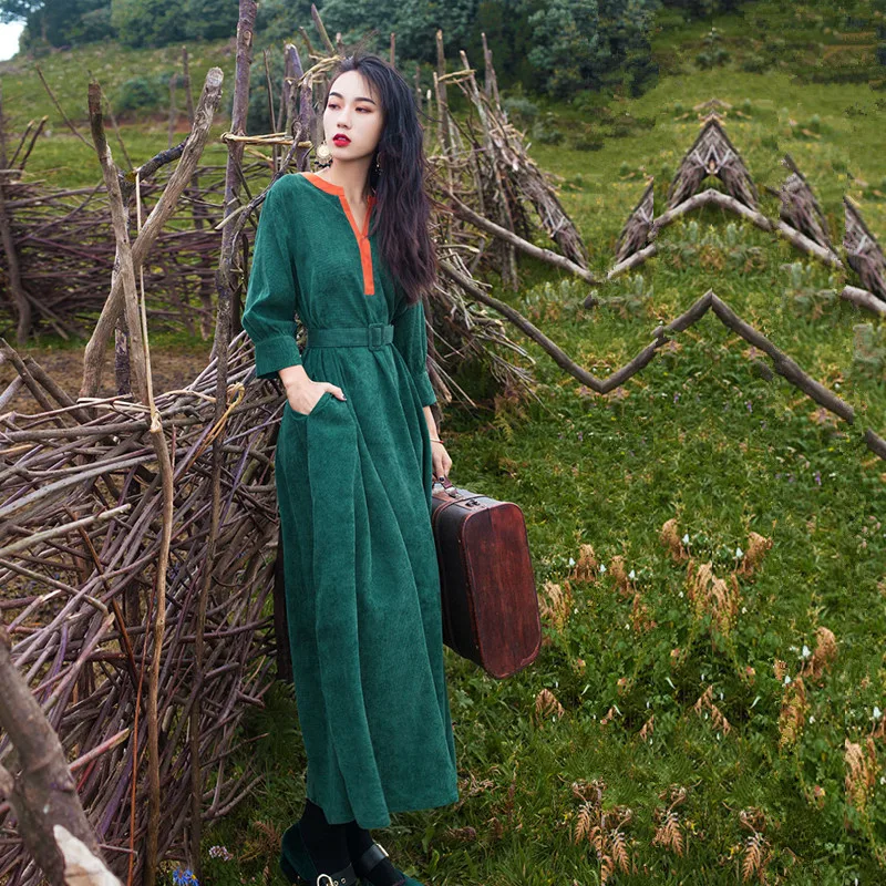 Весеннее платье для женщин винтажное Свободный темперамент v-образный Вырез Три