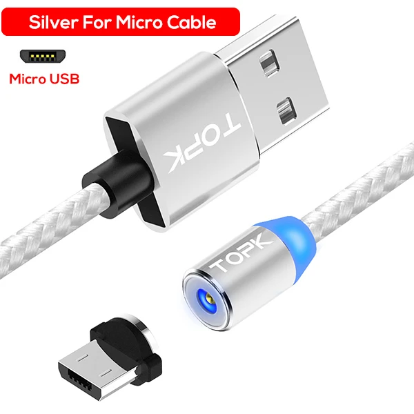 1 SliverCable 1 Plug TOPK 1 м(3,3 фута) светодиодный магнитный кабель Micro USB, высококачественный нейлоновый Плетеный Магнитный кабель для зарядного устройства Microusb для порта Micro USB - Цвет: 1 SliverCable 1 Plug