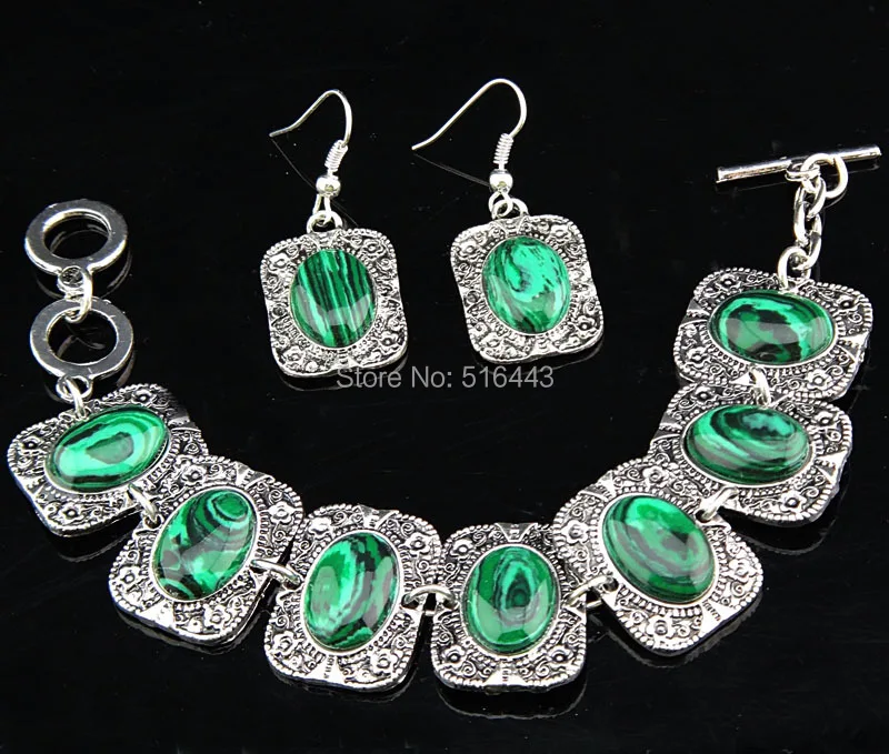 Женский винтажный комплект из 3 предметов антикварное серебро серьги Малахита