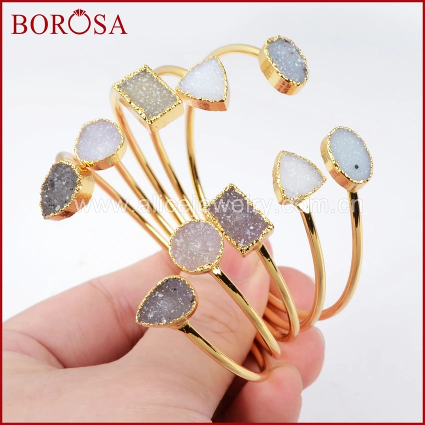BOROSA натуральный кристалл браслет с камнями Друза манжета Geode браслет золотой цвет фигурные ювелирные изделия регулируемый браслет G0148