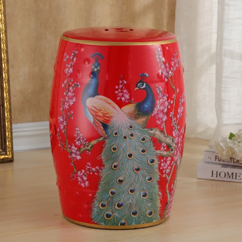 

Ceramic porcelain Drum Stool Chinese-style Ceramic Drum Stool Flower-bird peacock pattern Ceramic Antique porcelain Stool