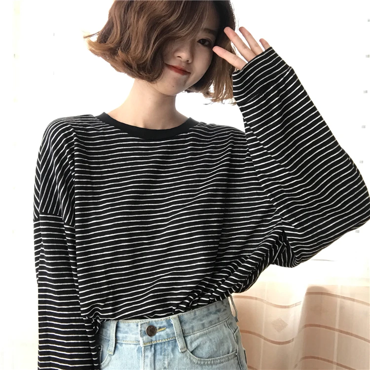 YouGeMan футболка Femme Весна Осень корейский стиль Ulzzang Harajuku ретро длинный рукав o-образный вырез полосатая футболка для женщин топы
