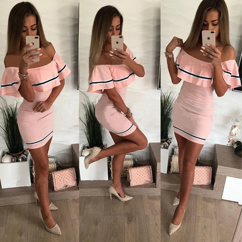 Для женщин Сексуальная рюшами Slash шеи с открытыми плечами вечерние платье в