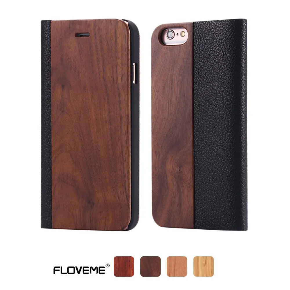 Black Walnut Кожаный чехол-бумажник FLOVEME для iPhone X, XS, Max, XR, XS, бамбук, натуральное дерево, флип-чехол для iPhone 6, 6S Plus, 7, 8 Plus, чехол, Capinhas - Цвет: Black Walnut