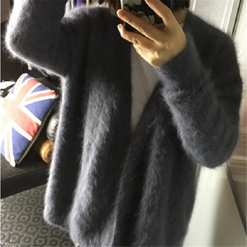 Women Winter Long Sleeve Cardigan Knitting Sweater Knitwear Femme Female Grey Brown Casual Mohair Sweaters Jumper |