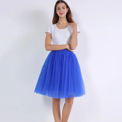 royal blue 7 слоев 60 см Тюлевая юбка женская летняя трапециевидная юбка миди юбки женские Высокая талия плиссированные юбки в складку для женщин школьная Солнцезащитная юбка - Цвет: royal blue
