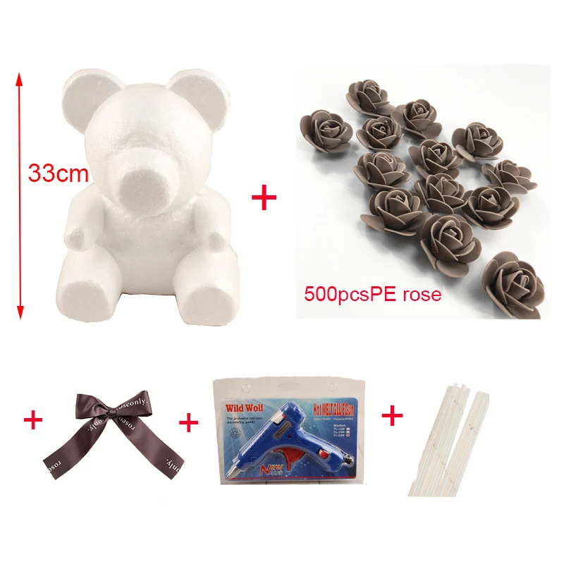 brown package bag 20 см/35 см пена Роза Медведь Форма Роза собака модель PE искусственные розы цветок головы DIY Роза аксессуары в виде мишки мешок - Цвет: brown package bag