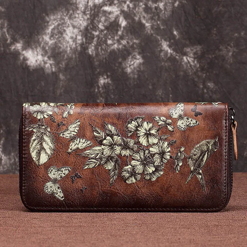 Vintage brown Ретро Кошелек для женщин цветок бабочка Птица узор кожаный Длинный кошелек на молнии Женский браслет из воловьей кожи клатч кошелек портмоне - Цвет: Vintage brown