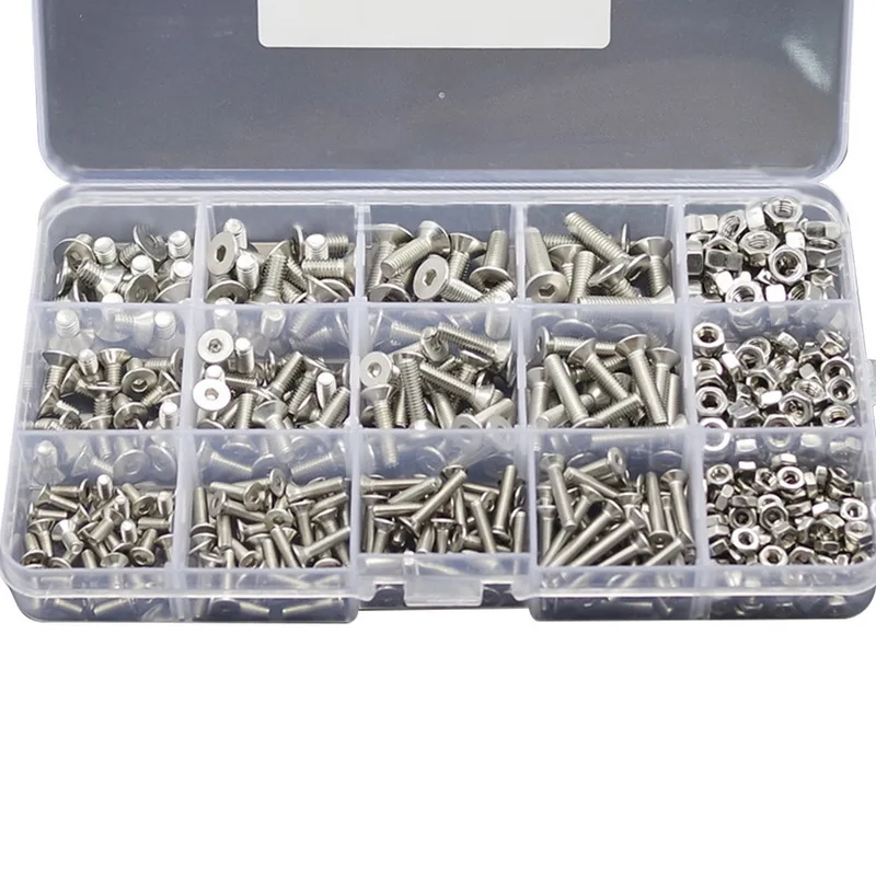 Urijk 500pcs/Lot M3 M4 M5 Button Head Hex Socket Screw Bolt Nut Stainless Steel 304 Screws Nuts Assortment Kit Fastener Hardware |