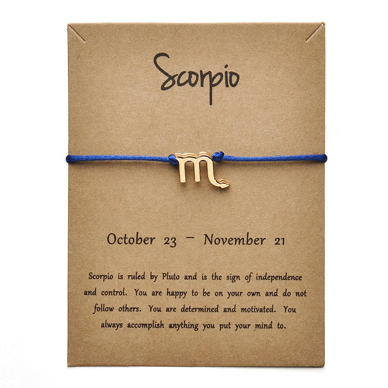 blue gold Scorpio Модные украшения 12 созвездий Зодиака Скорпион счастливая веревка браслет браслеты для женщин мужчин подарок на день рождения - Окраска металла: blue gold Scorpio