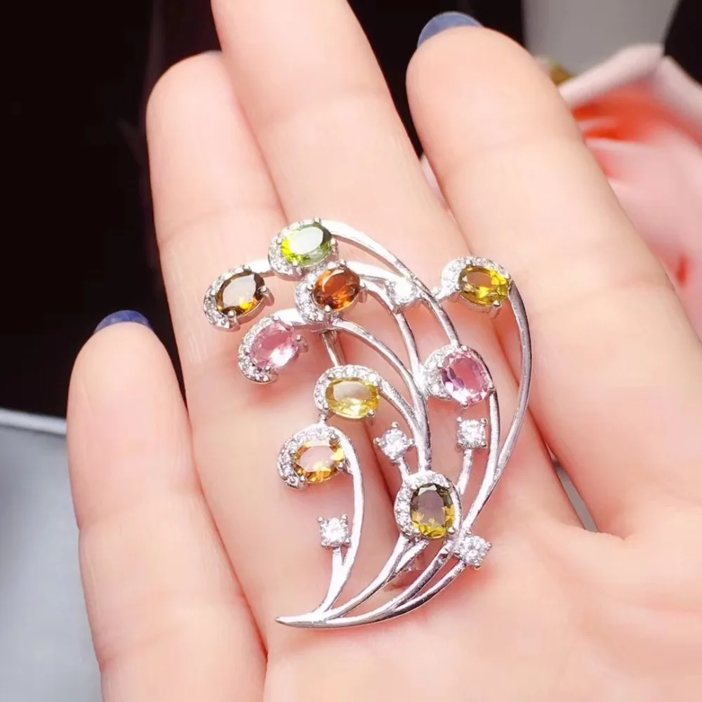 Турмалиновая Брошь Бесплатная доставка натуральный турмалин 925 пробы серебряная