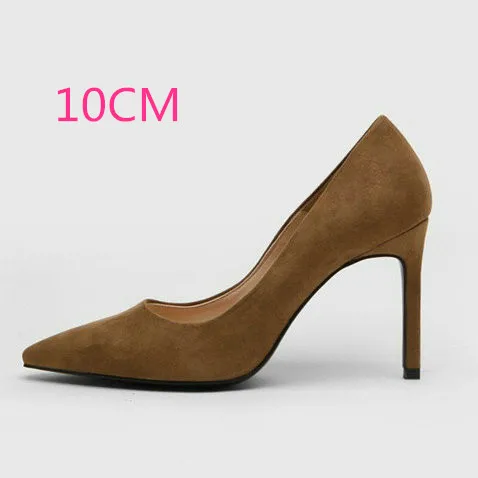Brown-10CM Heel Женские туфли-лодочки из флока на высоком каблуке с острым носком, пикантная женская обувь на тонком каблуке, chaussure femme, осень - Цвет: Brown-10CM Heel