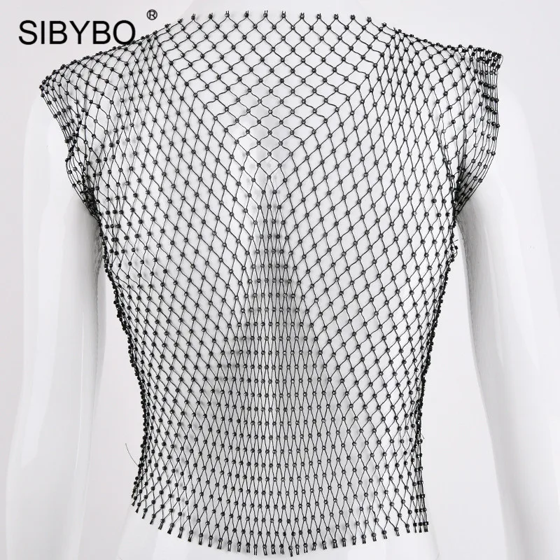 Женский укороченный топ в сеточку Sibybo, открытая майка без рукавов, пляжная футболка с бриллиантами, короткая камисоль для ночного клуба и вечеринок летом