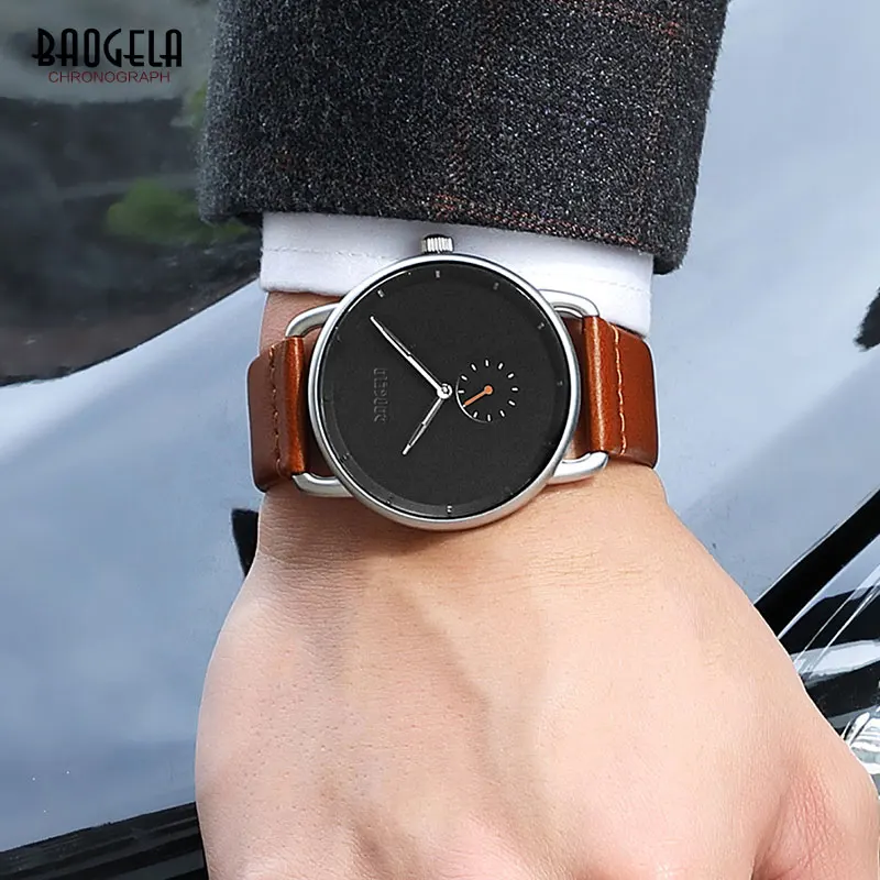 BAOGELA Men's Premium Simple Quartz Watches Casual Leather Strap Minimalism Waterproof Wristwatch for Man 1806Dark Brown | Наручные
