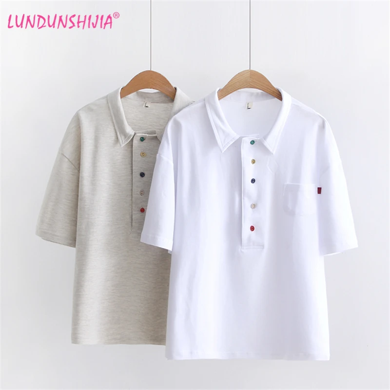 LUNDUNSHIJIA 2019 Летняя женская рубашка-поло с коротким рукавом Цветные Украшенные