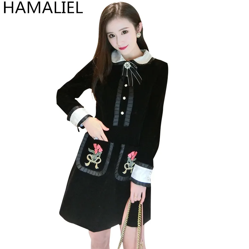 New 2018 Women Dress Designer Runway Black Velvet Embroidery Floral Long Sleeve Vintage Beading Bow Peter Pan Collar Party | Женская