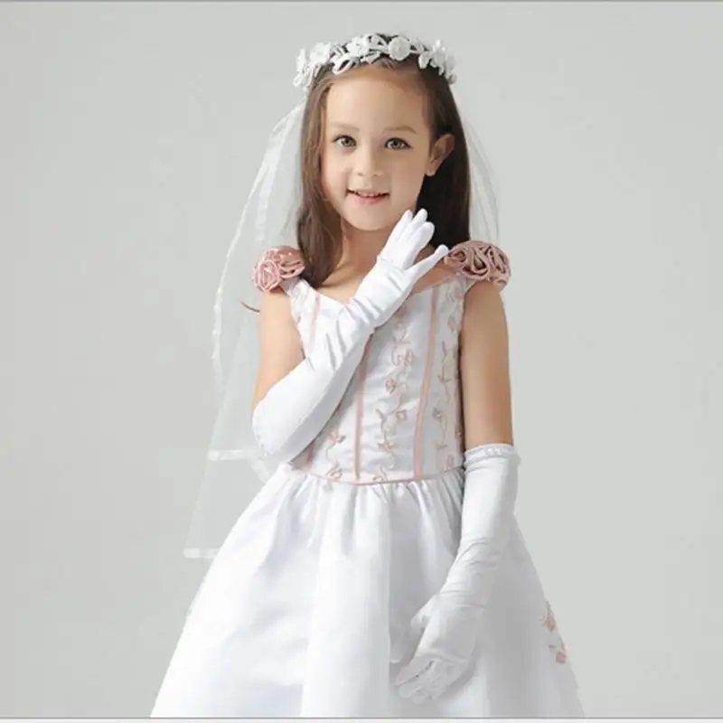 Модные детские белые эластичные атласные длинные перчатки с пальцами для