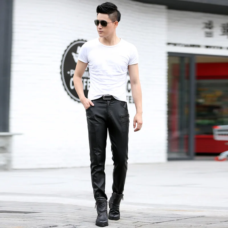 Мужские кожаные брюки размера плюс черные повседневные мотоциклетные карандаш