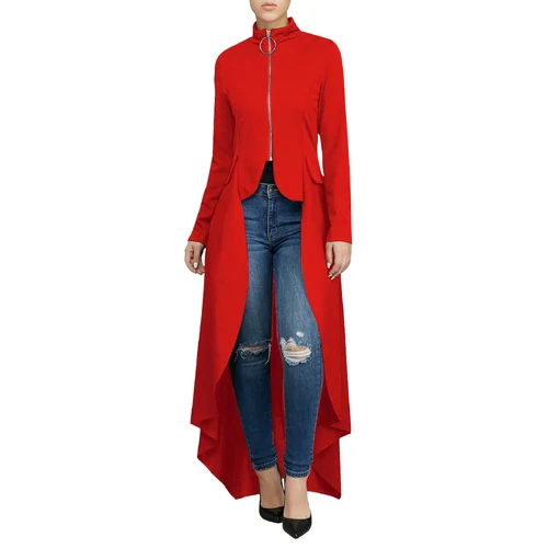 Red Tunic Туника макси на молнии женские свободные блузки осенние стильные элегантные с длинным рукавом высокая низкая туника топ Женская блузка размера плюс AM0285 - Цвет: Red Tunic
