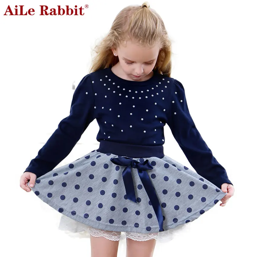 AiLe Rabbit/комплект для девочек, Новое поступление, осенняя футболка юбка с бантом комплект детской одежды из 2 предметов в горошек со стразами детская одежда Fas k1
