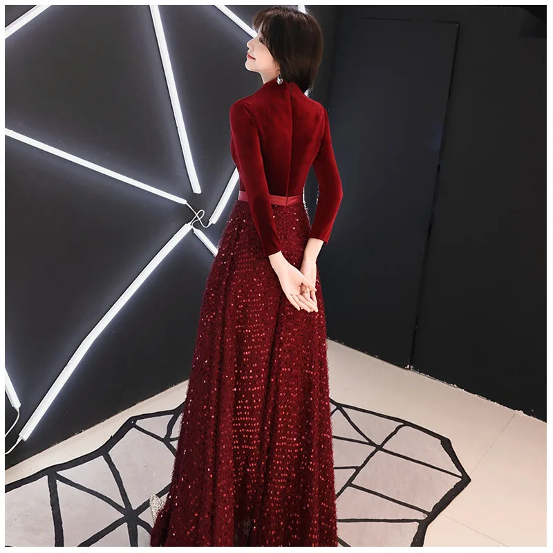 

Burgundy Summer Dress Women Vintage Standing Collar Nine-point Sleeve Shining Sequined Maxi Dress Elegant Bride Long Party Dress