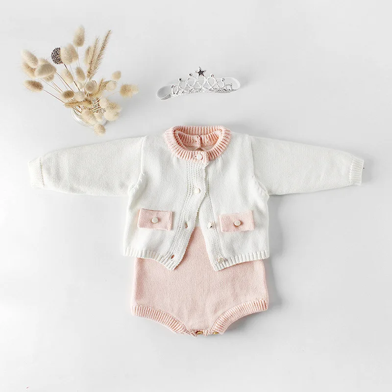 

Baby Girl's O-neck Long Sleeve Knitted Sweater Coats+White Knitted Triangle Rompers 2PCS Clothing Sets Princess Clothing Sets