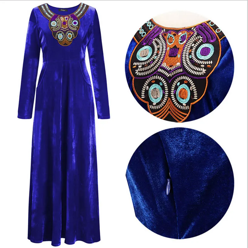 8 Цвета 2016 Зима Новый женский Длинное Платье Золото Бархат Вышитые С Длинными