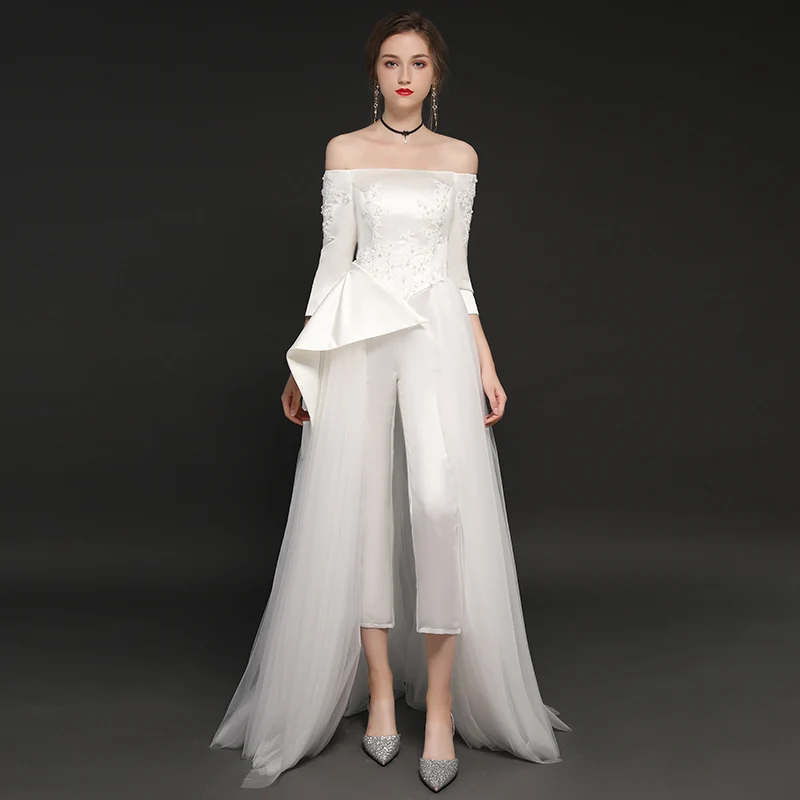 as pic White Wedding Jumpsuits Three Quarter Sleeves New Charming Tulle Satin Wedding Dresses Off the Shoulder Vestidos de Novia - Цвет: as pic
