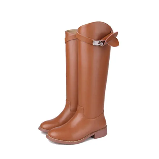 Light Brown 10 красный конный больших размеров длинный Зимние сапоги женщин бренда Настоящая кожа серый высокие роскошь ремни обувь слипоны плоские женский китайский мода женская - Цвет: Light Brown